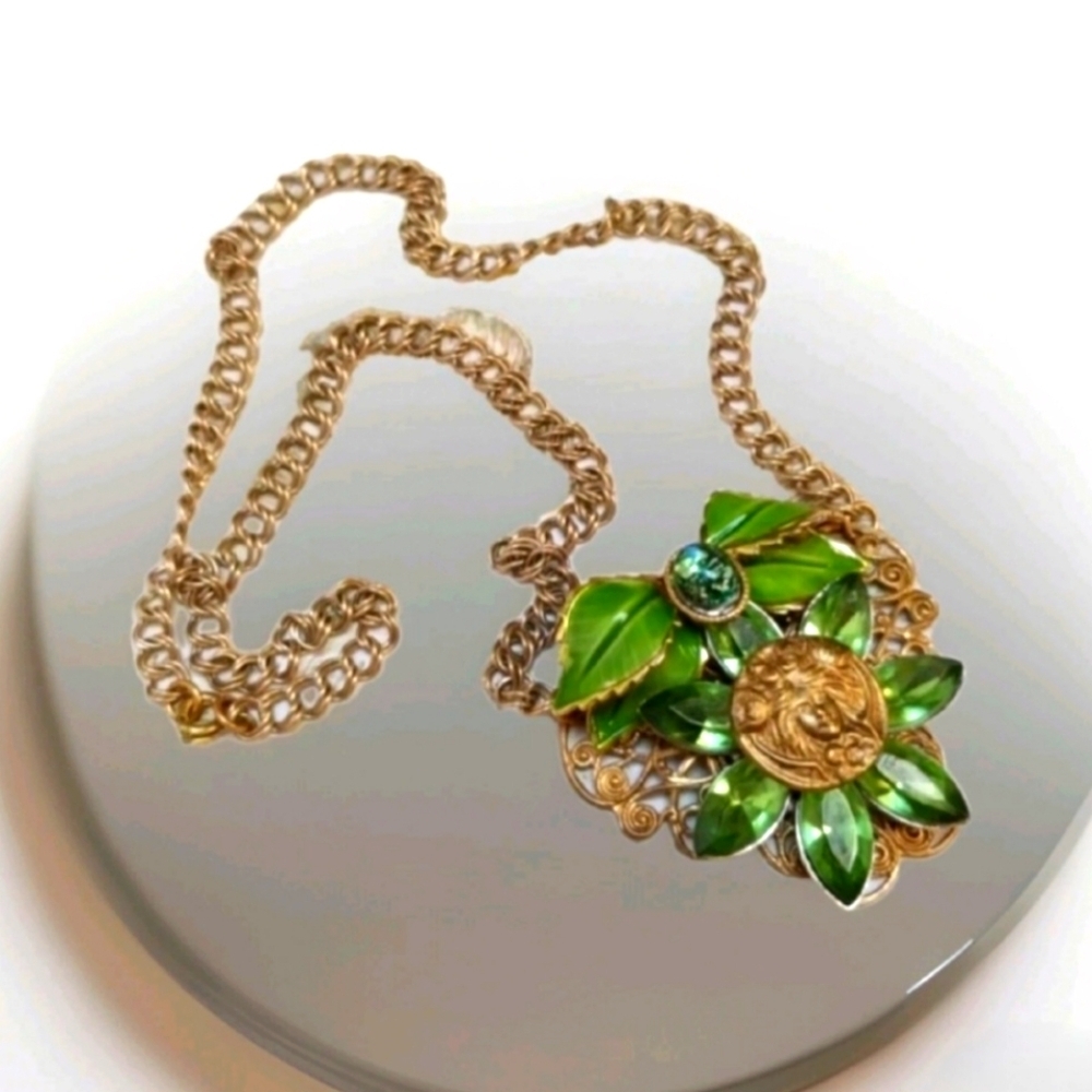 Vintage Handmade Art Nouveau Goddess Floral Pendant Gold Necklace